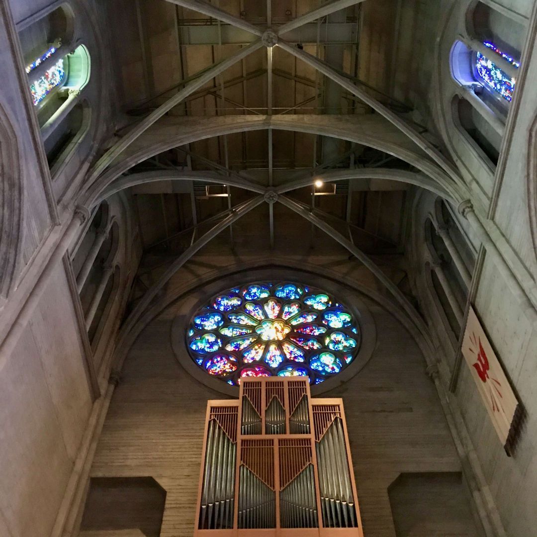 A view of the interior of Grace Cathedral featuring a spacious nave with high vaulted ceilings, elegant columns, and Gothic arches. In the background, the impressive Aeolian-Skinner organ is visible, enhancing the musical experience during services and concerts.