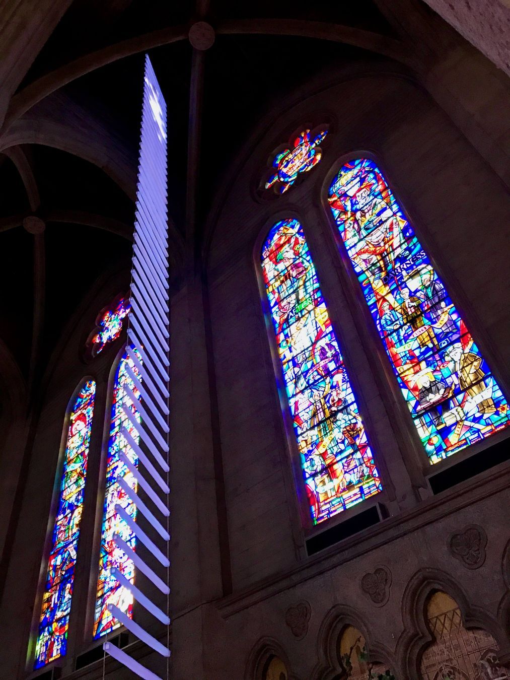 Modern LED art installation in Grace Cathedral, referencing Jacob's Dream.